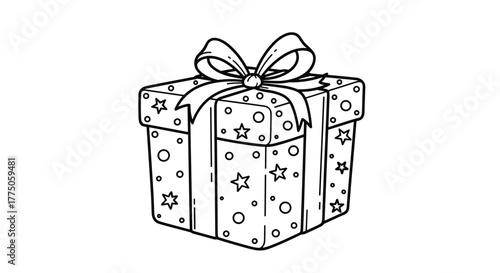 A festive gift box outline with a decorative bow and ribbon, adorned with stars and dots, perfect for a coloring page or design element.