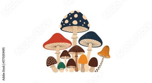 A whimsical collection of diverse, stylized mushrooms in various shapes, colors, and sizes, perfect for nature-inspired designs.
