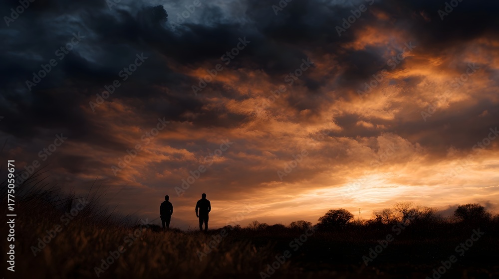 Fototapeta premium Two silhouetted figures stand on a hill against a dramatic fiery sunset sky filled with dark clouds