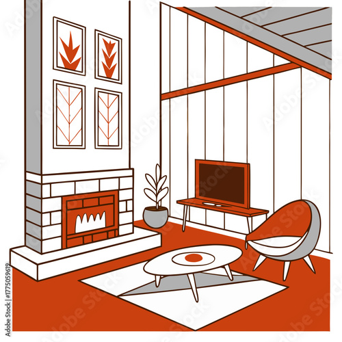 Modern cozy living room interior with sofa and wooden furniture vector illustration