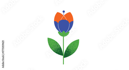 A vibrant and modern graphic illustration of a flower featuring striking orange and blue petals with a green stem and textured leaves.