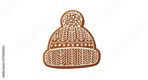 Festive gingerbread cookie designed as a warm winter beanie with beautiful white icing patterns and a decorative pom-pom.