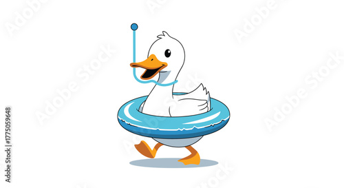 A cheerful white cartoon duck with an antenna walks in a blue inner tube that looks like a small flying saucer.