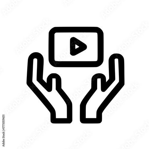 Play icon above two open hands symbolizing media support trust connection and human creativity