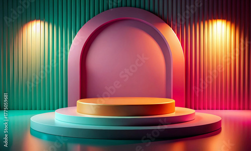 The studio's bright background, with an elegant illuminated podium in the center