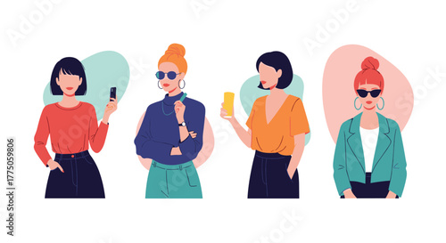 Four diverse and stylish young women, each with a unique fashion sense and modern accessories, standing confidently.