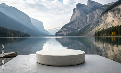 A stone podium shines on the lake, surrounded by mountain landscapes