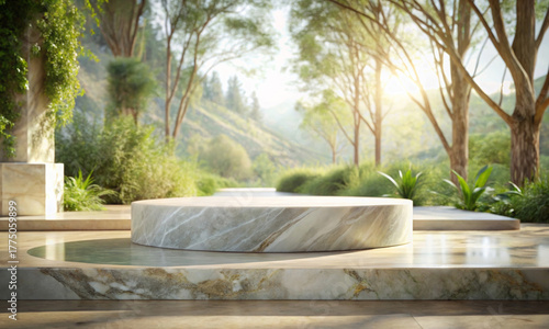 A forest environment with a white marble podium and sunlight