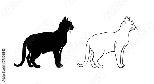 Elegant feline elegance, a black cat silhouette meets a white outline, a sophisticated design suitable for branding, invites a sleek and stylish touch