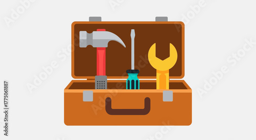 Open toolbox displaying a hammer screwdriver wrench and other tools