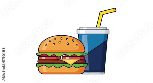 Colorful cartoon illustration of a classic burger and refreshing soda drink