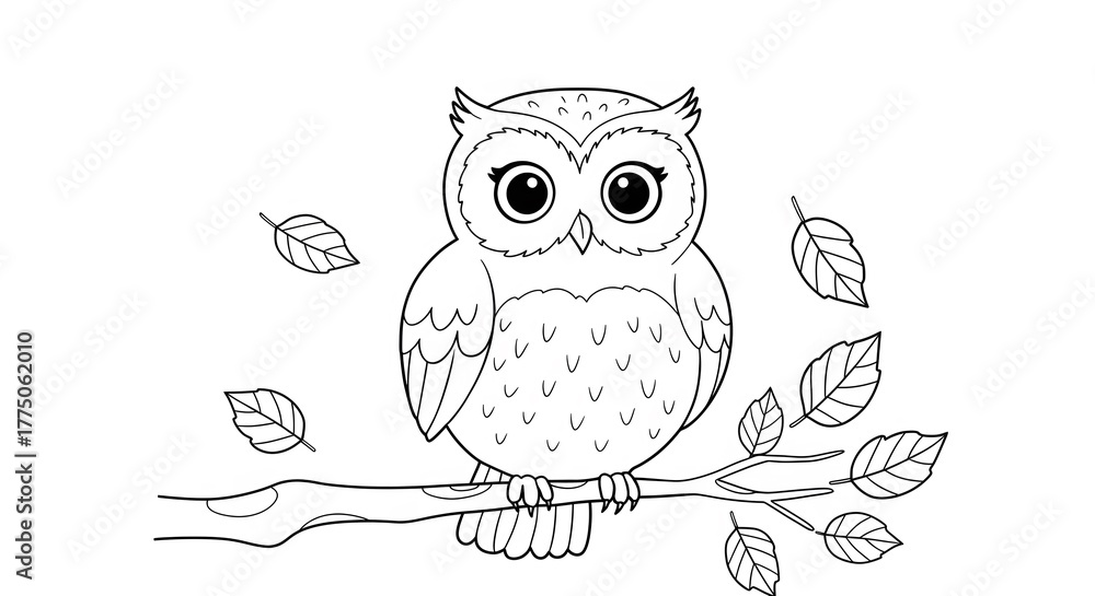 Fototapeta premium Adorable Owl Perched on Branch with Falling Leaves, Black and White Illustration
