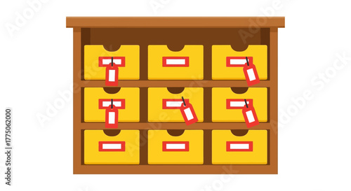 Wooden cabinet with yellow drawers and red label tags illustrated
