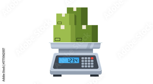 A digital scale weighing several green cardboard boxes stacked together