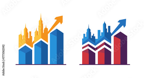 Financial growth illustrated with colorful city skylines and rising bar graphs