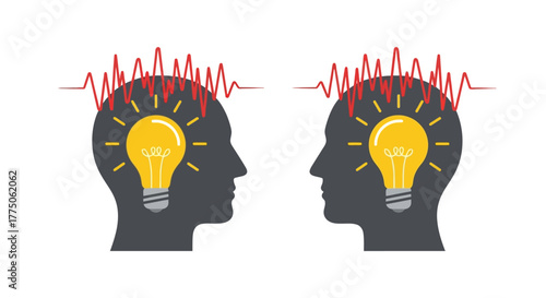 Two heads with lightbulbs and brainwave patterns representing ideas