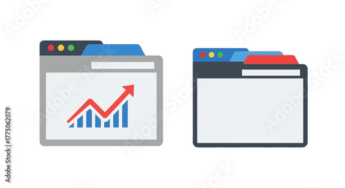 Browser windows displaying charts and graphs with empty window alongside