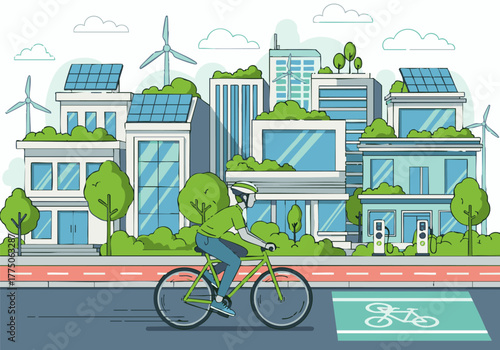 Illustration of a cyclist riding on a bike path in a green city with solar panels, wind turbines, and rooftop gardens.