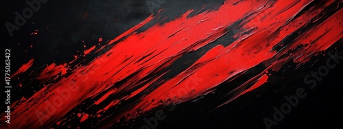 Abstract painting featuring bold, textured red brush strokes diagonally across a dark black background conveying intense energy and dynamic movement