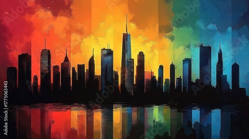 Colorful abstract city skyline with tall skyscrapers reflected on water under a vibrant gradient sky from red to blue