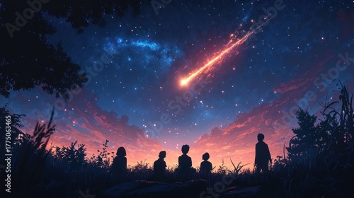 Five silhouetted figures watching a glowing meteor streak across a vibrant starry dusk sky over a grassy landscape