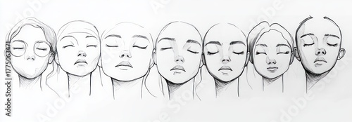Pencil sketches of seven peaceful and calm female faces with closed eyes, viewed from a slight upward angle, showing varied head shapes and soft expressions