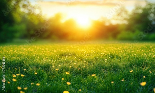 Sunrise casting warm golden light over a lush green meadow dotted with small yellow flowers and surrounded by blurred trees
