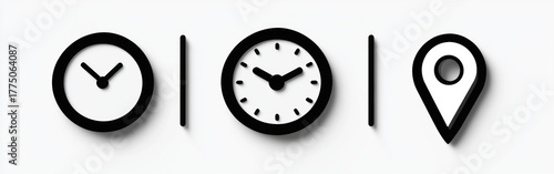 Two black clock icons showing different times separated by vertical lines and a black map location pin icon on a white background casting shadows