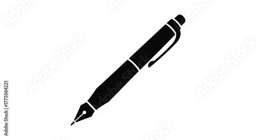 Black silhouette of a classic fountain pen with a nib and clip on a white background