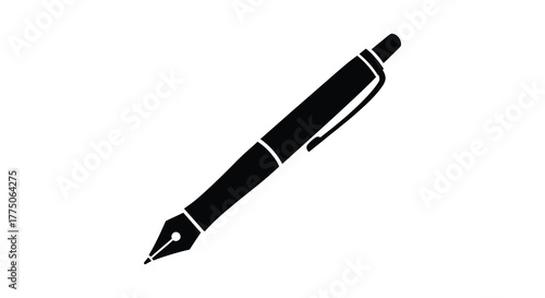 Stylized black silhouette of a modern fountain pen with a pointed nib and clip against a white background