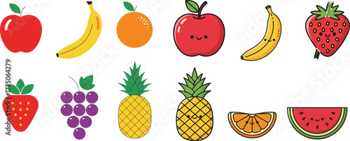 Kawaii Fruit Characters Set: Cute Apple, Banana, Strawberry, and Tropical Fruit Collection