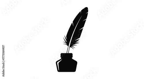 Classic black silhouette of a quill pen standing upright in an inkwell on a white background