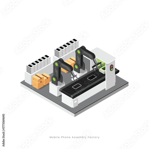 Smartphone assembly with automated robotic arms on conveyor belt in a modern production factory setting. Industrial isometric vector illustration