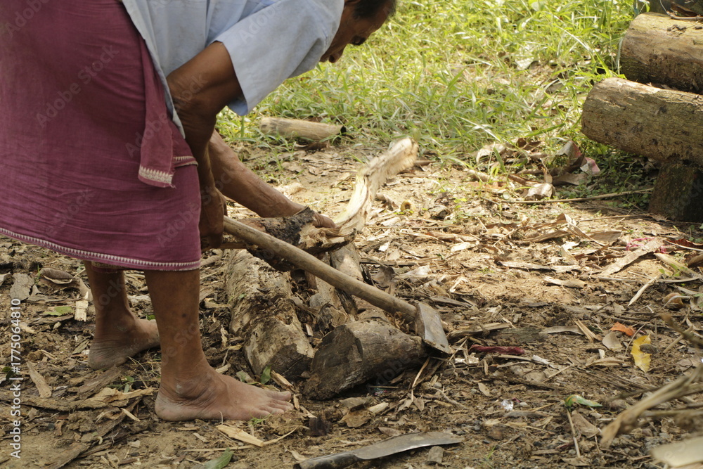 Fototapeta premium An elderly Indian man in a rural village wears a traditional dhoti and chops firewood outdoors, surrounded by logs and dry sticks, showing hardworking village life, tradition, and daily labor.