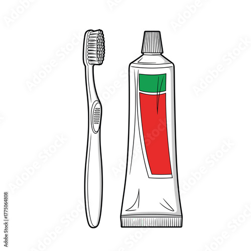 Illustration of a toothbrush and a tube of toothpaste on a white background.