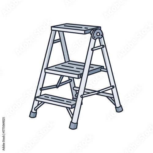A simple illustration of a two-step folding stepladder made of silver metal.