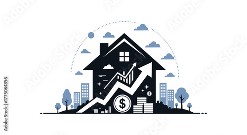Illustration of a house with a rising graph and coins symbolizing real estate investment growth and financial success
