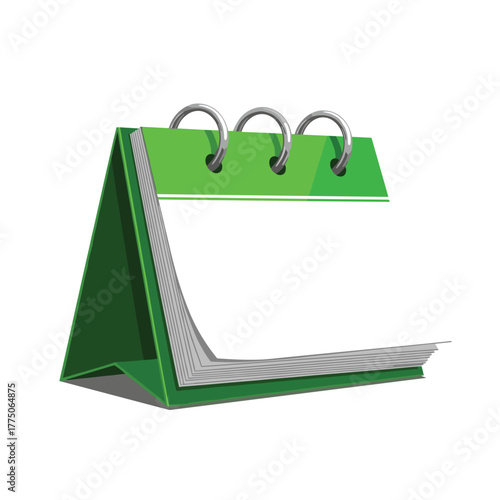 Green desk calendar with white blank pages and silver spiral binding on a white background.