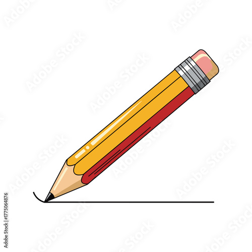 Yellow and red pencil drawing a straight line on a white background.