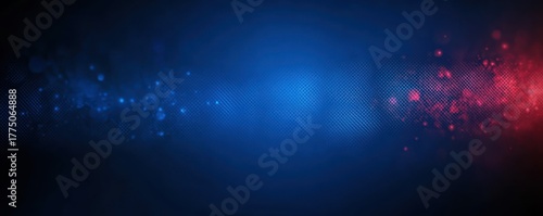 Abstract digital background with blue and red glowing particles blending in the center on a textured dark backdrop