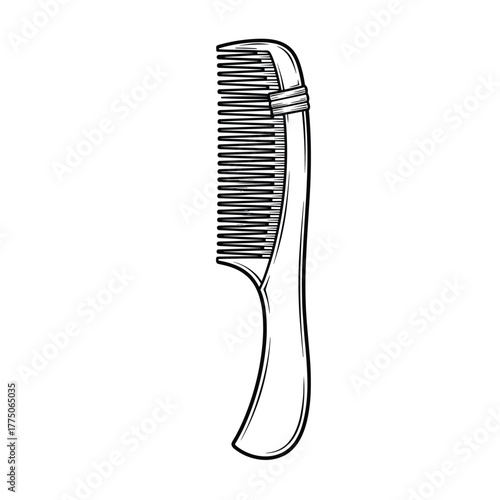 Stylized black and white illustration of a comb with fine teeth and a curved handle.