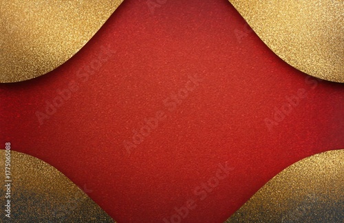Abstract golden glitter textured curves overlapping a deep red textured background creating elegant and festive design