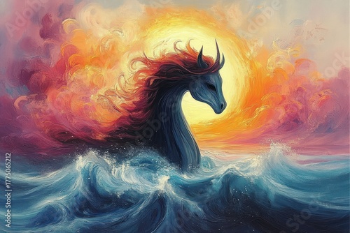 majestic dark horse silhouette rising from turbulent ocean waves with fiery orange and purple sunset sky creating a dramatic and mystical atmosphere