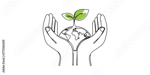 Eco-friendly illustration of hands holding the Earth with trees growing on top, sustainability, and care for our planet. Ideal for green energy campaigns, nature conservation, eco awareness designs.