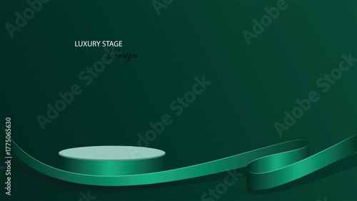 Green emerald background vector design. Green podium background with shiny ribbon. Suit for banner, brochure, poster, backdrop, product promotion, advertising template, presentation, etc
