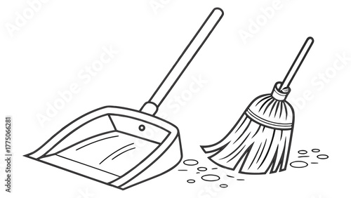 Outline drawing of a dustpan and broom with debris on the floor ready for cleaning action here now