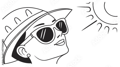 Woman wearing sunglasses and hat looking at the sun in a black and white line drawing illustration