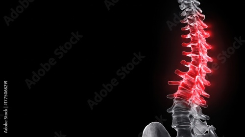 Spinal Anatomy Illustration: A detailed, illuminated depiction of the human spine, highlighting the intricate structure and potential areas of concern against a stark backdrop. 