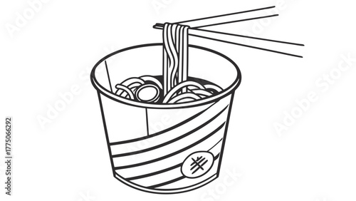 A cup of noodles with chopsticks picking up noodles in a black and white line drawing style illustration