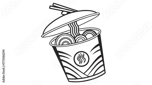 Outline illustration of a cup of instant noodles with chopsticks and steam symbol on the container